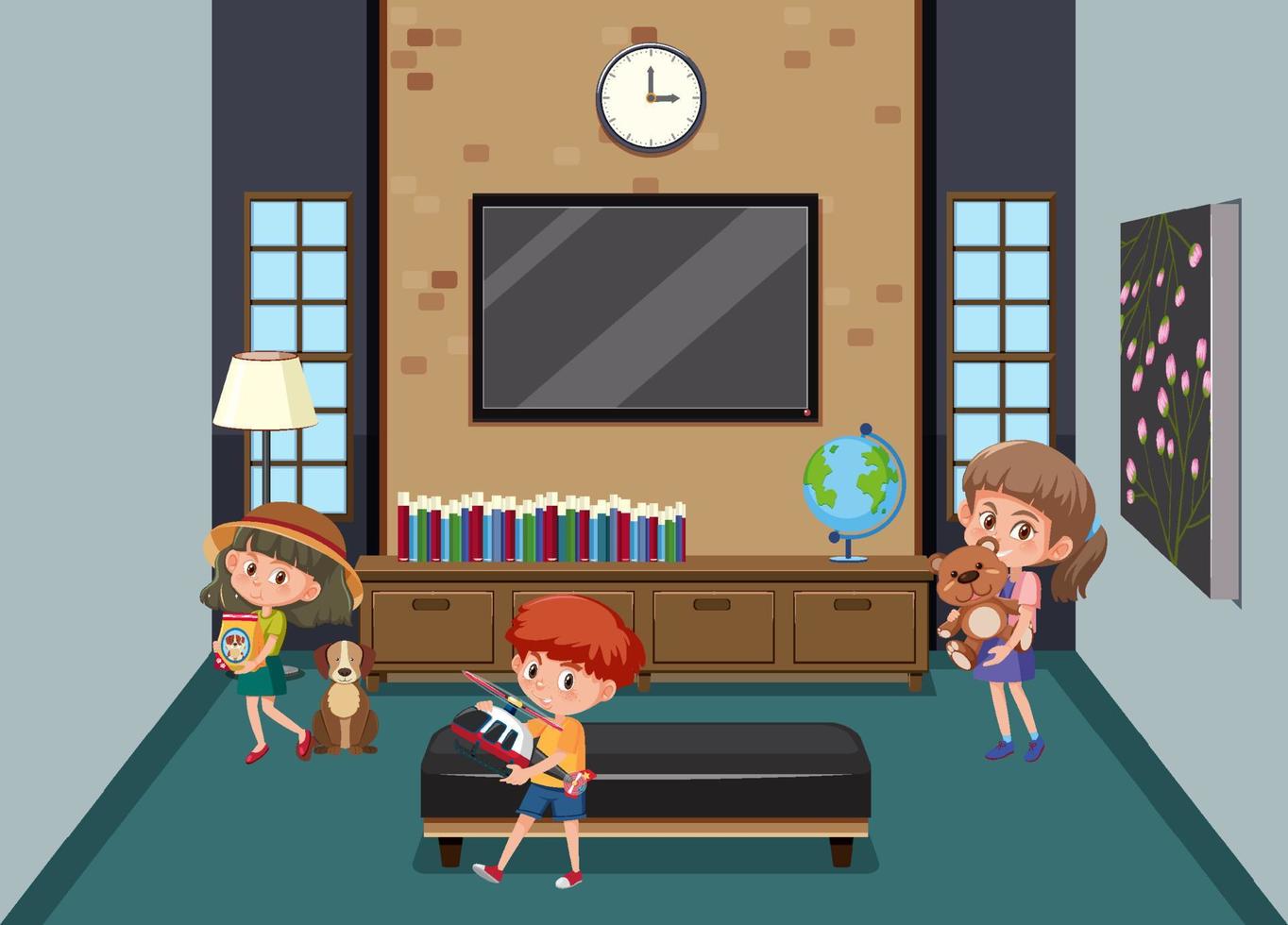 escena de la sala de estar con el personaje de dibujos animados de los niños vector