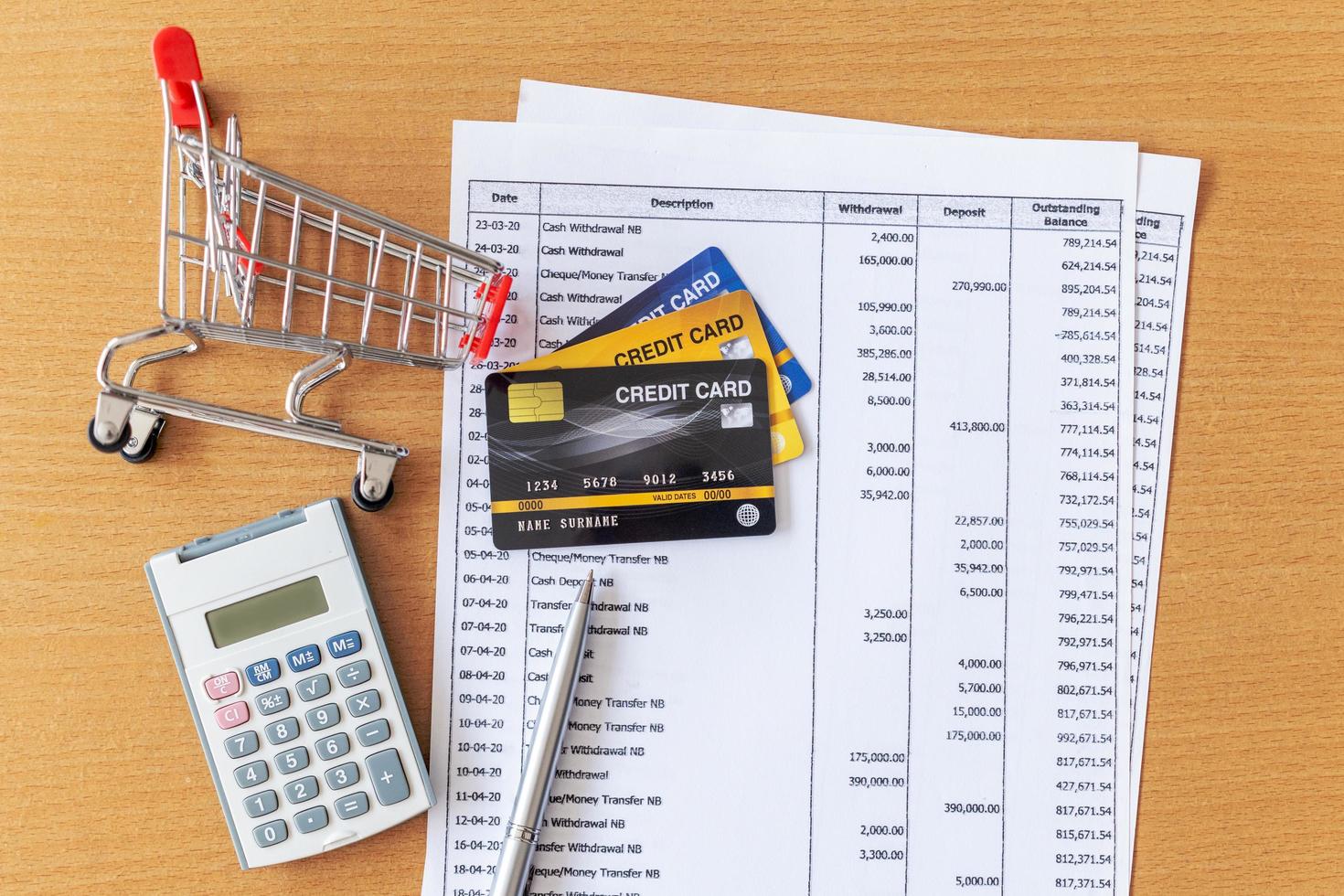 Credit cards and Cart supermarket and Calculator on Bank statement on a Wooden table photo