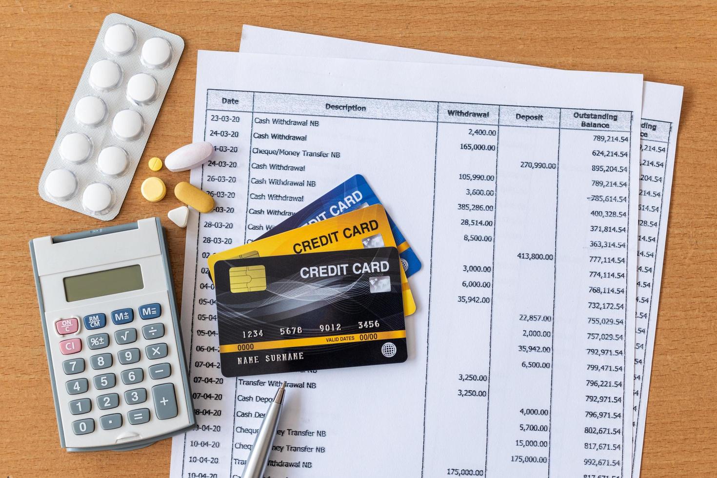 Medicine and calculator on Bank statement and credit card on a Wooden table photo