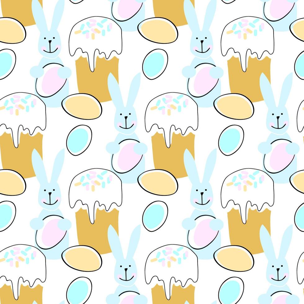Seamless pattern with Easter illustration with rabbit, Easter cake and egg on a white background vector