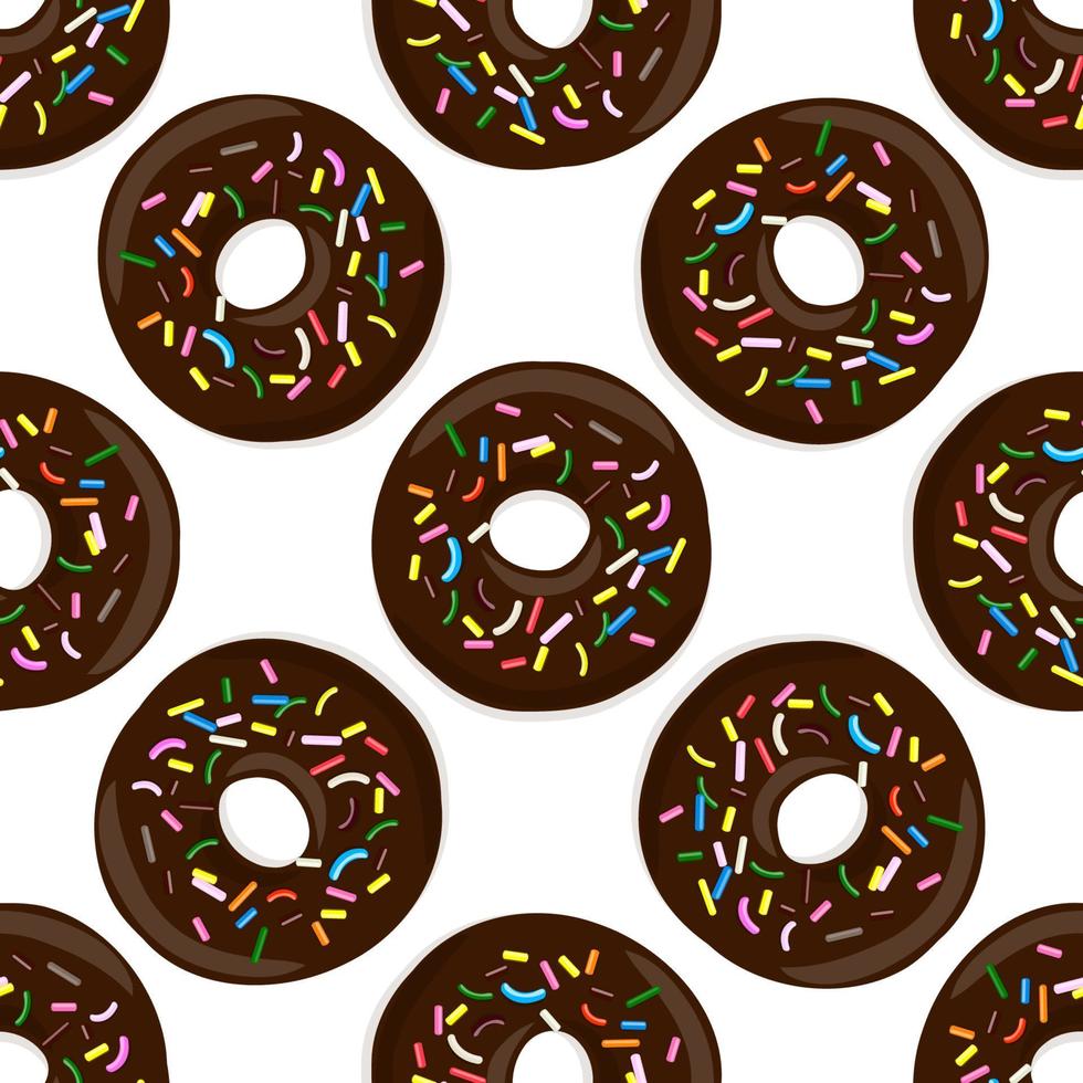 Vector seamless pattern illustration of donuts in chocolate glaze on a white background.