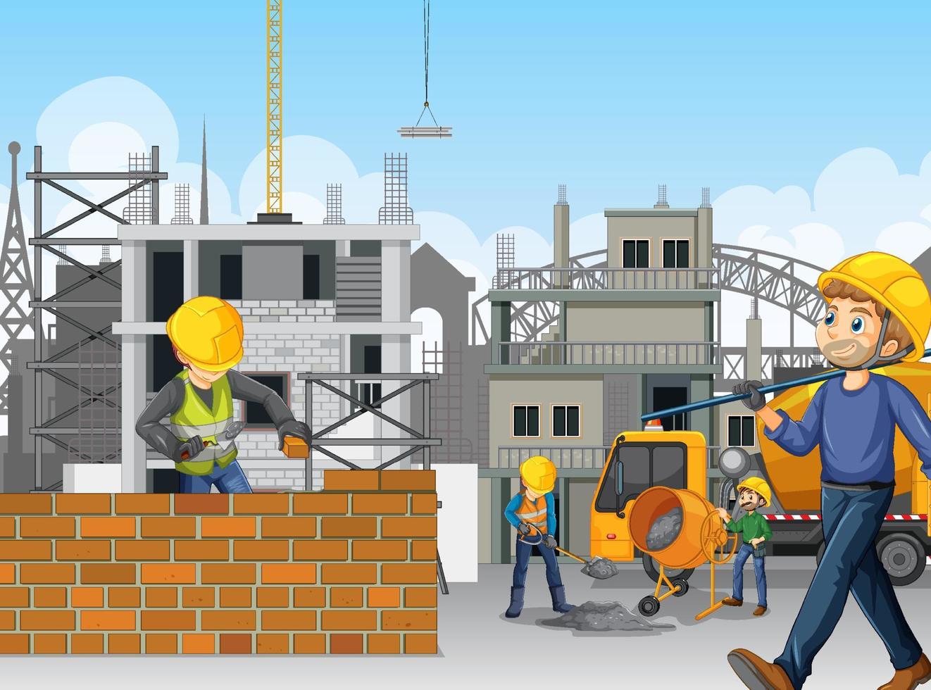 sitio de construcción de edificios con trabajadores vector