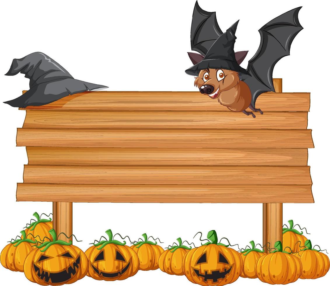 Blank wooden signboard with bat in halloween theme vector