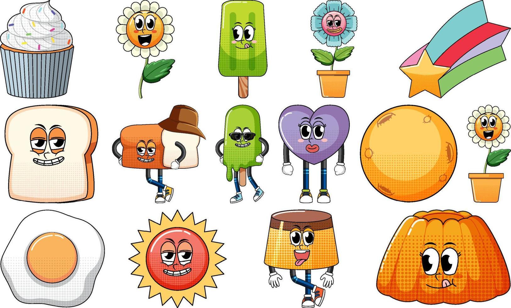 Set of facial expression with vintage style food cartoon on white background vector