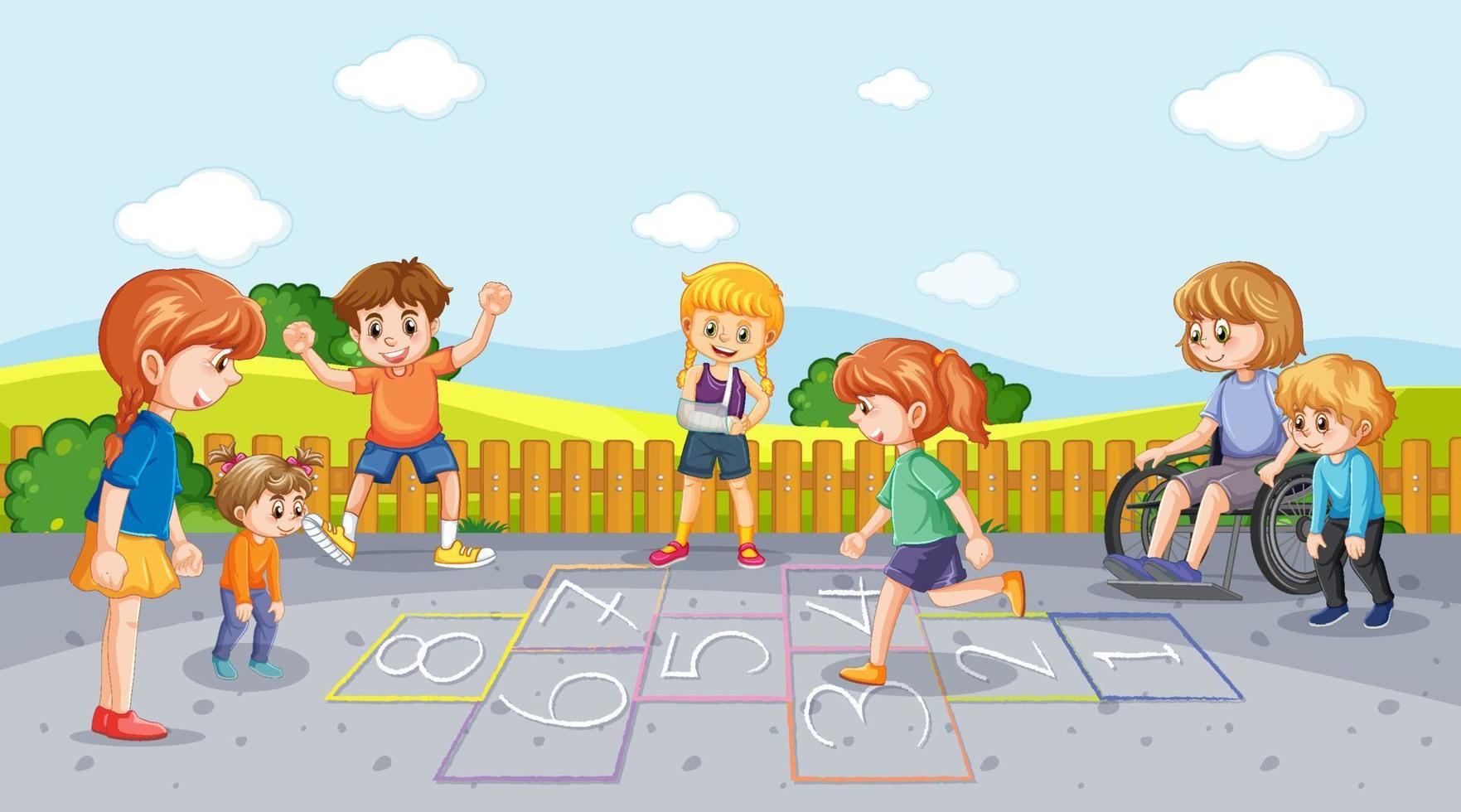 Happy children playing hopscotch on playground vector