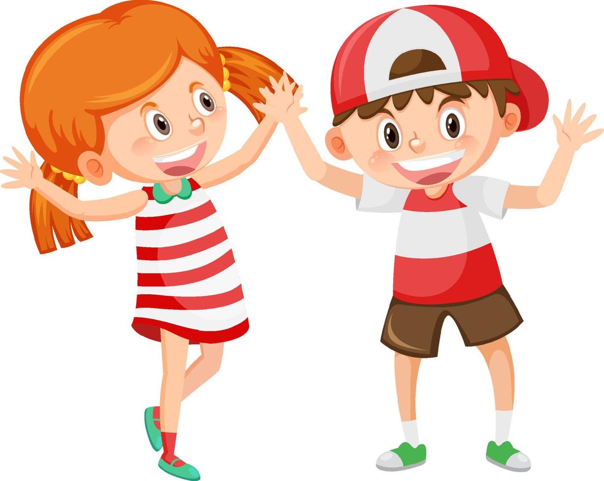 Cheerful boy and girl in greeting gesture vector