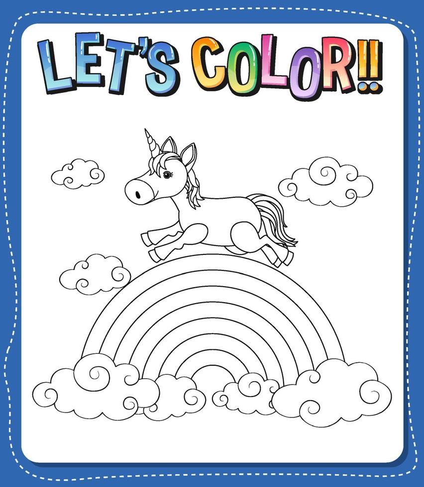 Worksheets template with color time text and Unicorn outline vector