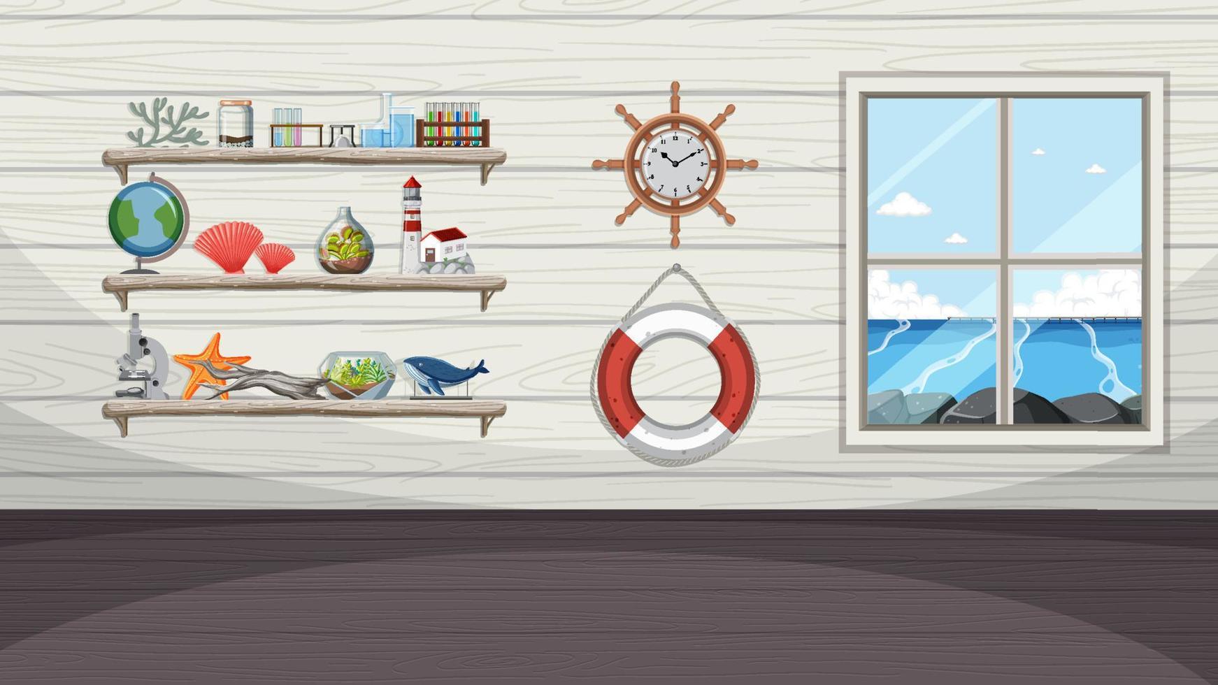 decoración de la pared de la casa con ventana con vista al mar vector