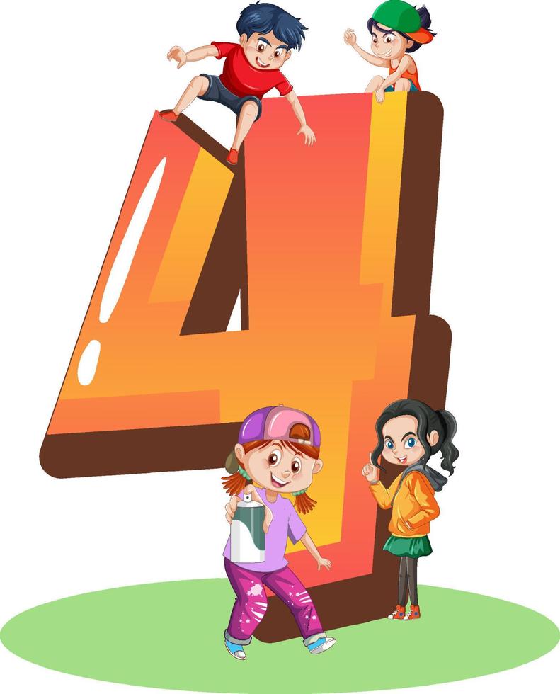 Four kids with number four cartoon vector