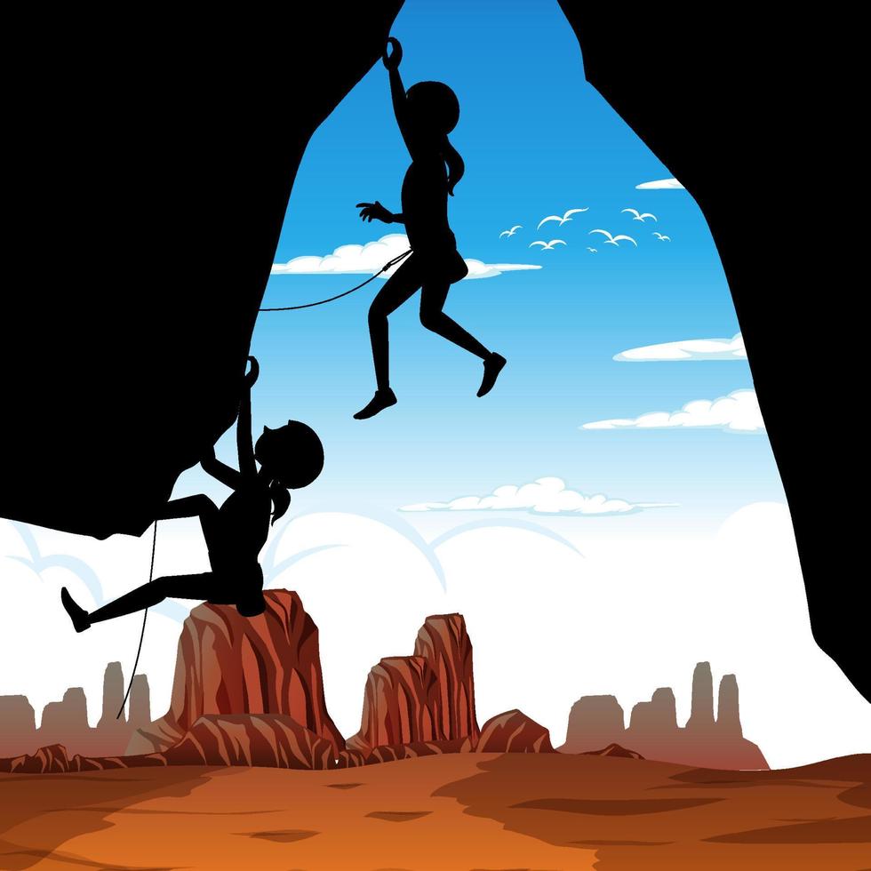 Silhouette rock climbing background vector