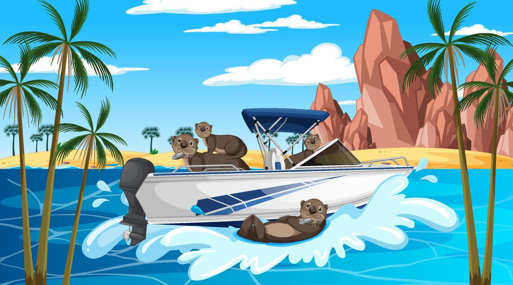 Ocean scene with group of otters on speedboat vector