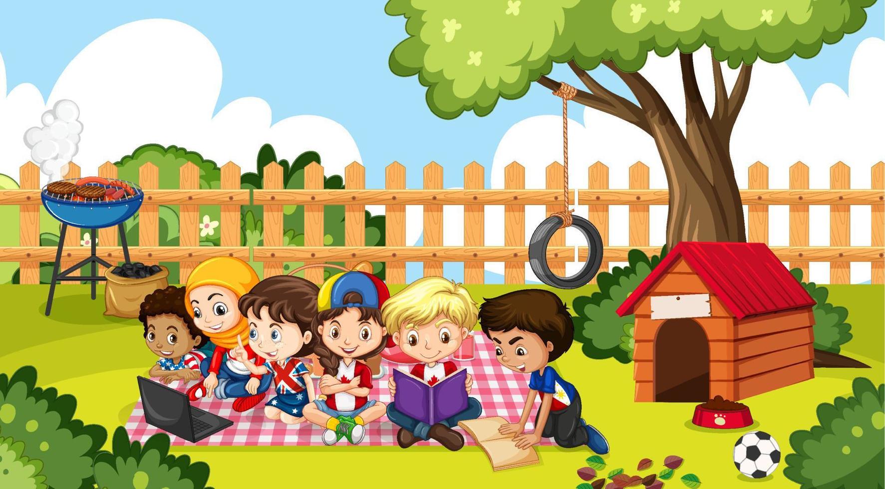 Scene of backyard with kids and fence vector