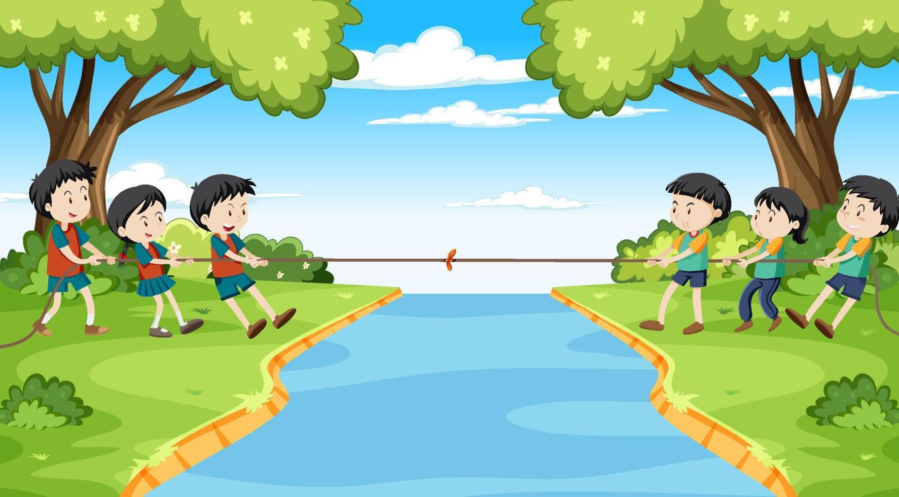 Children playing pulling rope together vector