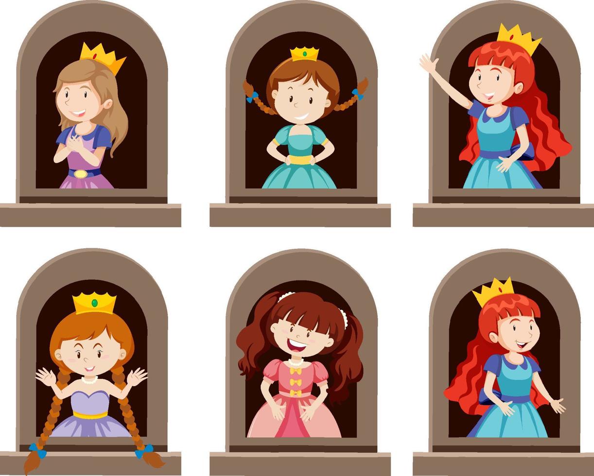 un conjunto de personajes de princesas de fantasía junto a la ventana sobre fondo blanco vector