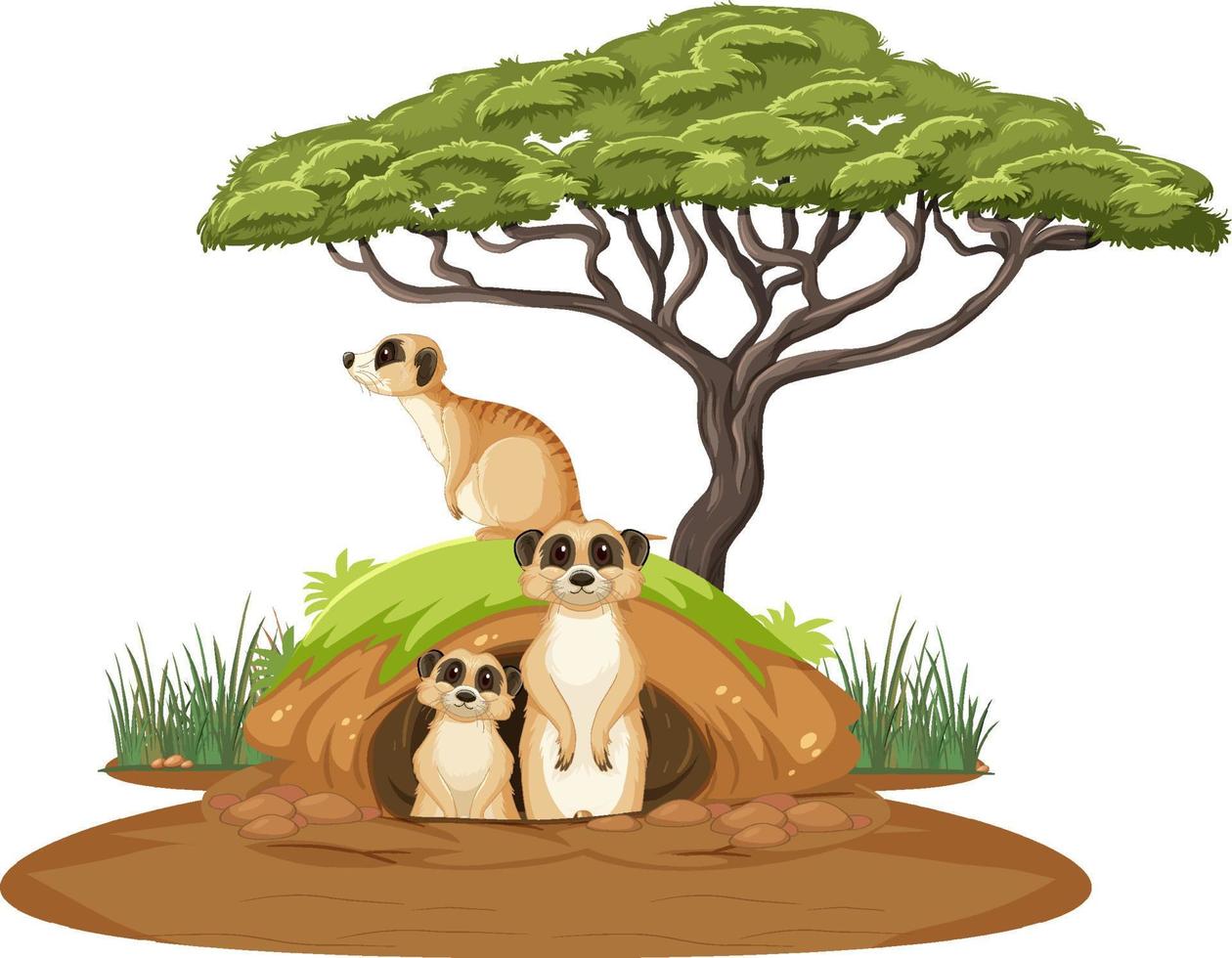 grupo de suricatas con madriguera en estilo de dibujos animados vector