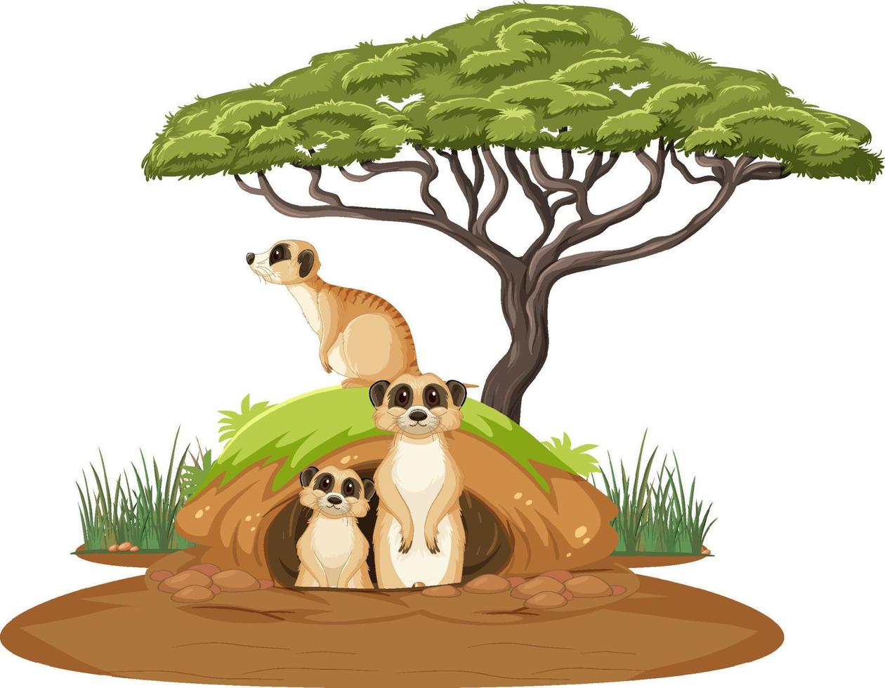 Group of meerkats with burrow in cartoon style vector