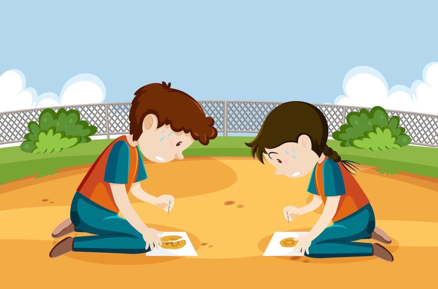 Children playing scratch dalgona cookie at the park vector