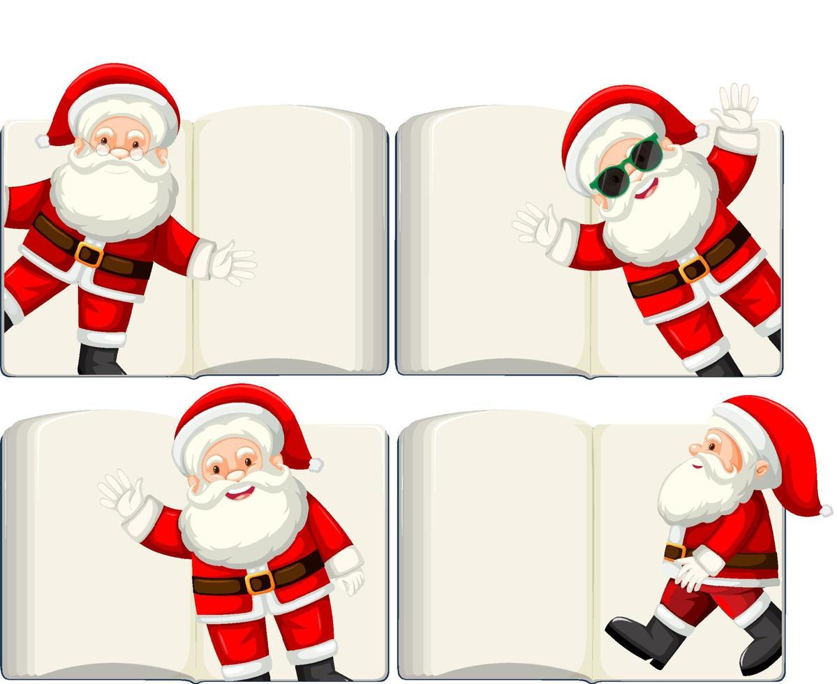 conjunto de diferentes libros en blanco abiertos con santa claus vector