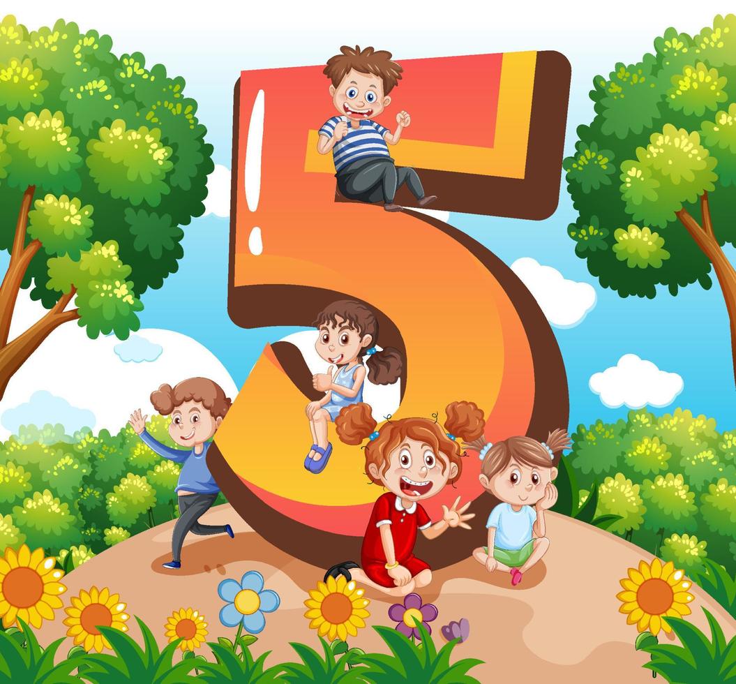cinco niños con dibujos animados número cinco vector