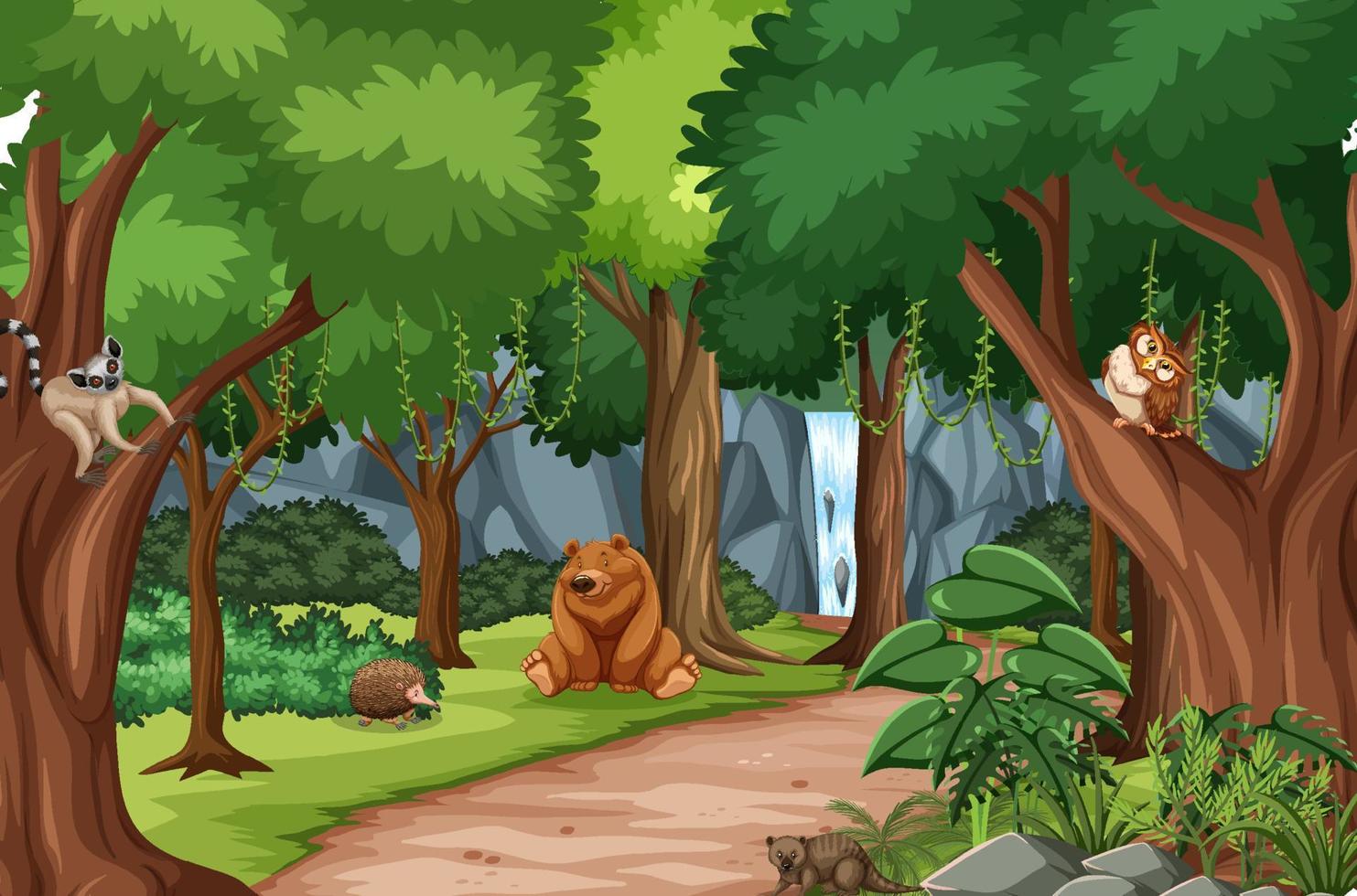 Wild animals in the forest scene vector