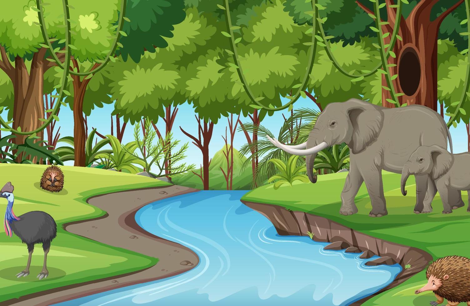 escena del bosque fluvial con elefantes en estilo de dibujos animados vector