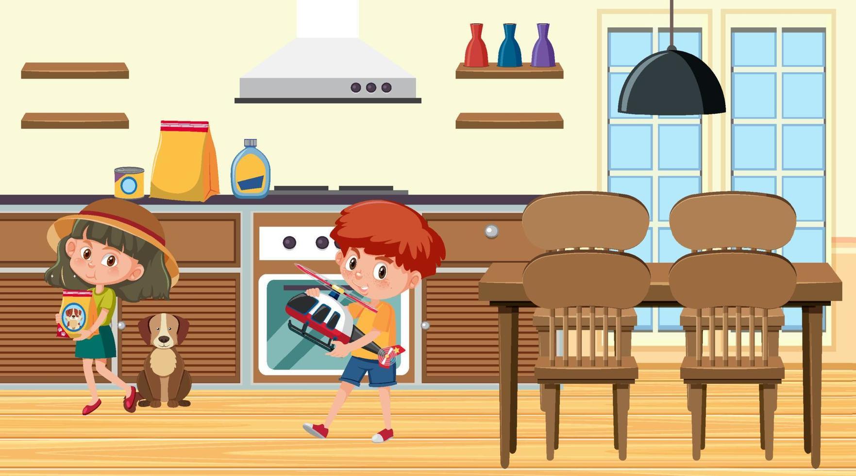Kitchen scene with a boy holding his helicopter toy vector