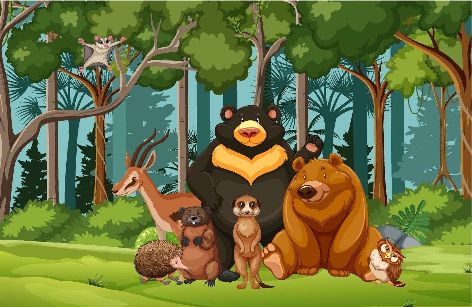 Group of wild animals in nature forest scene vector