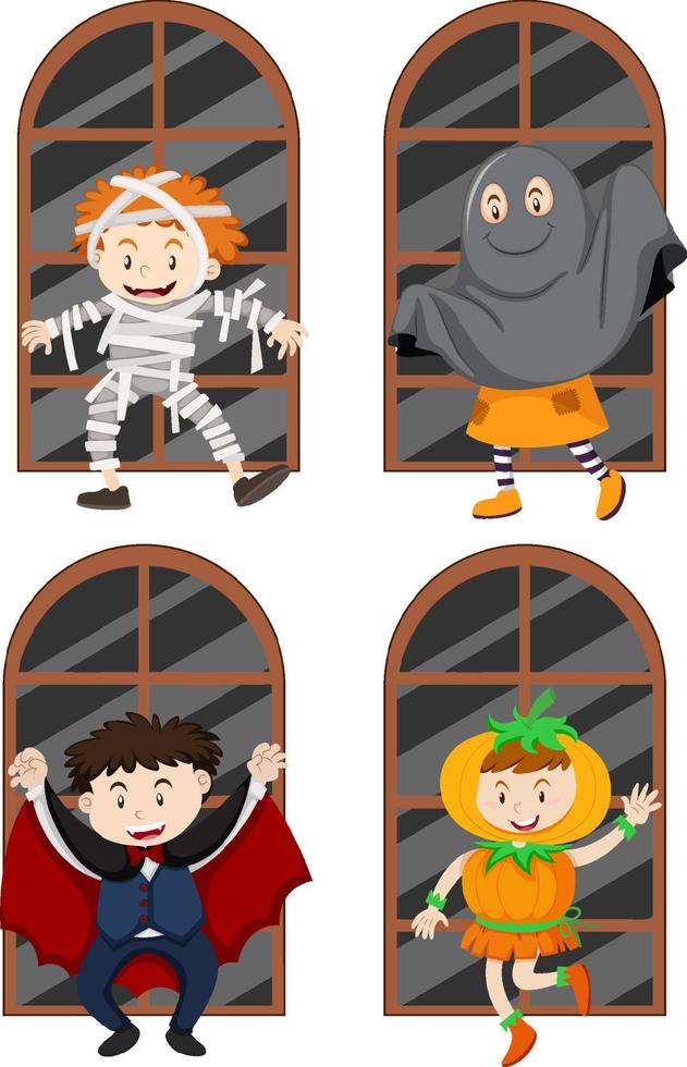 Set of different kids in Halloween theme vector