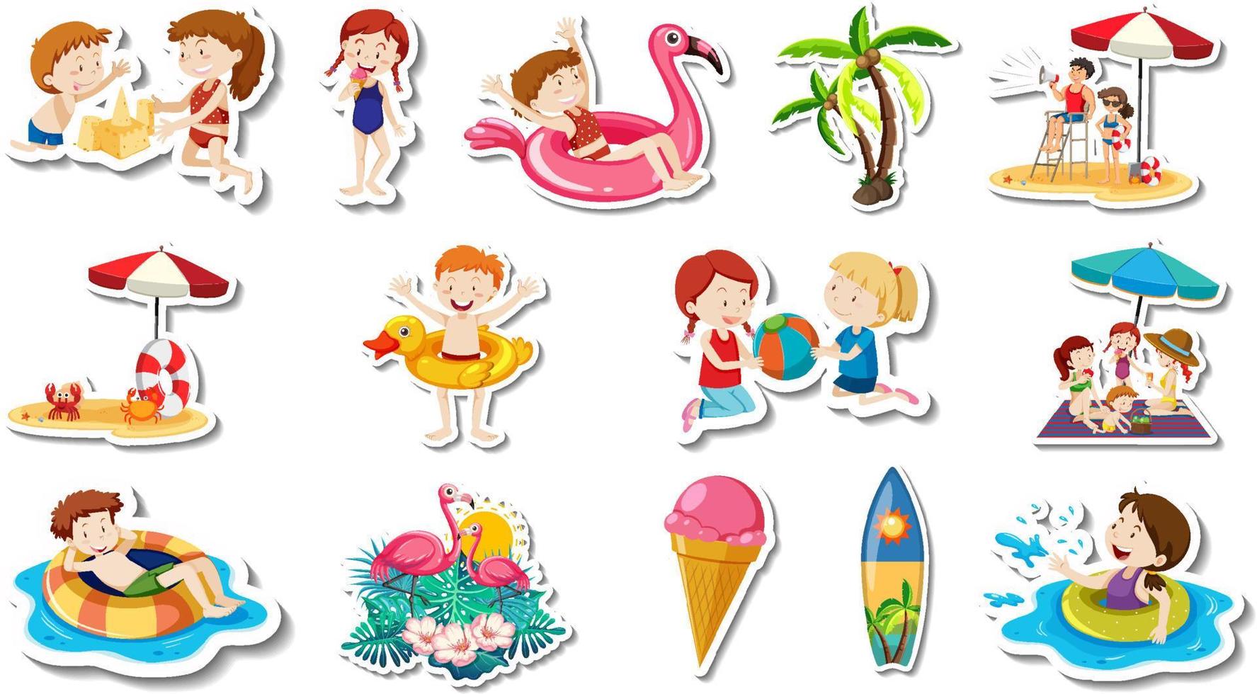 conjunto de artículos de playa de verano y niños. vector