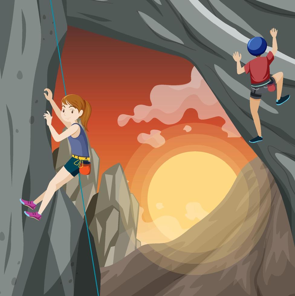 Rock climber on cliff at sunset time vector