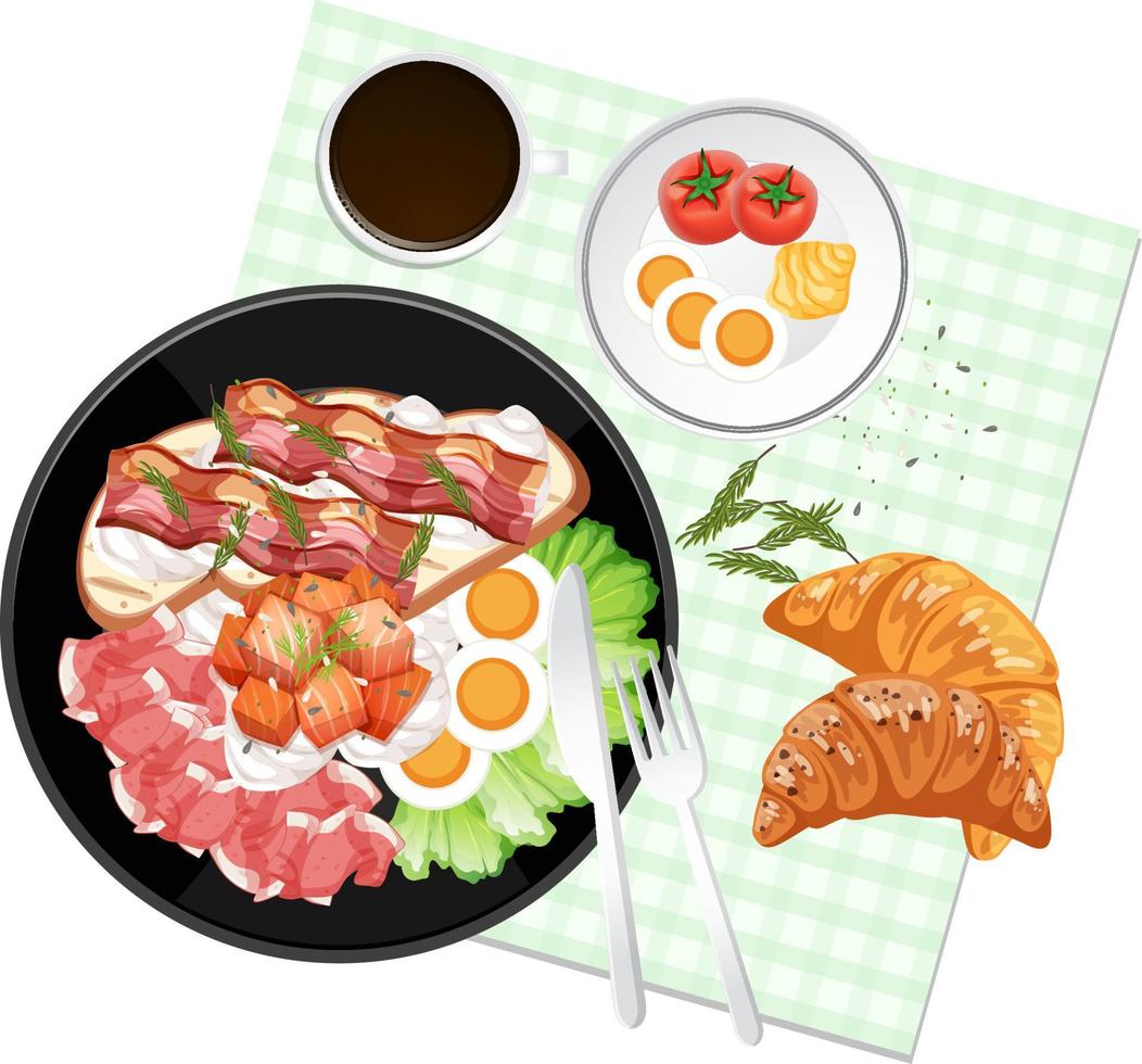 Top view food set, croissant and placemat on white background vector