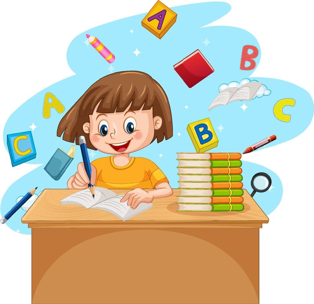 A girl doing homework with books on white background vector