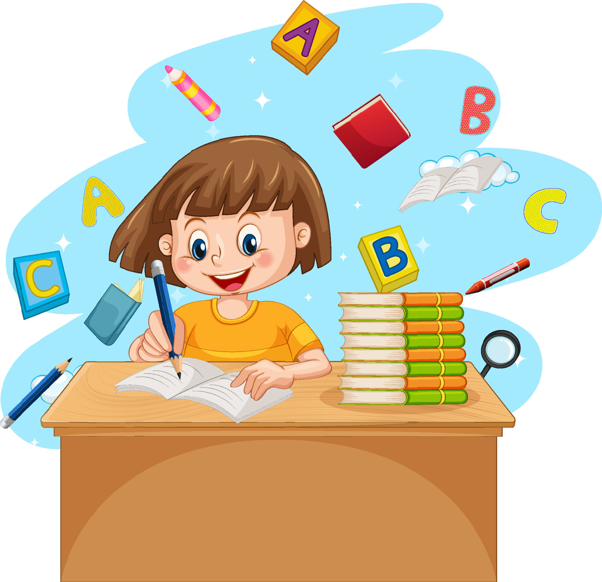 A Girl Doing Homework With Books On White Background 7207266 Vector Art