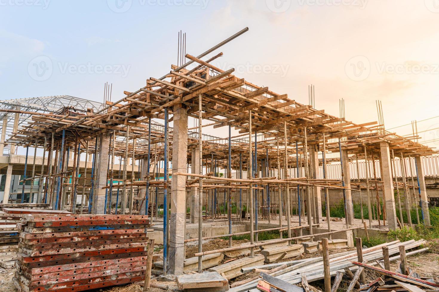 installation formwork of a beam before pouring concrete down., it is construction process for building photo
