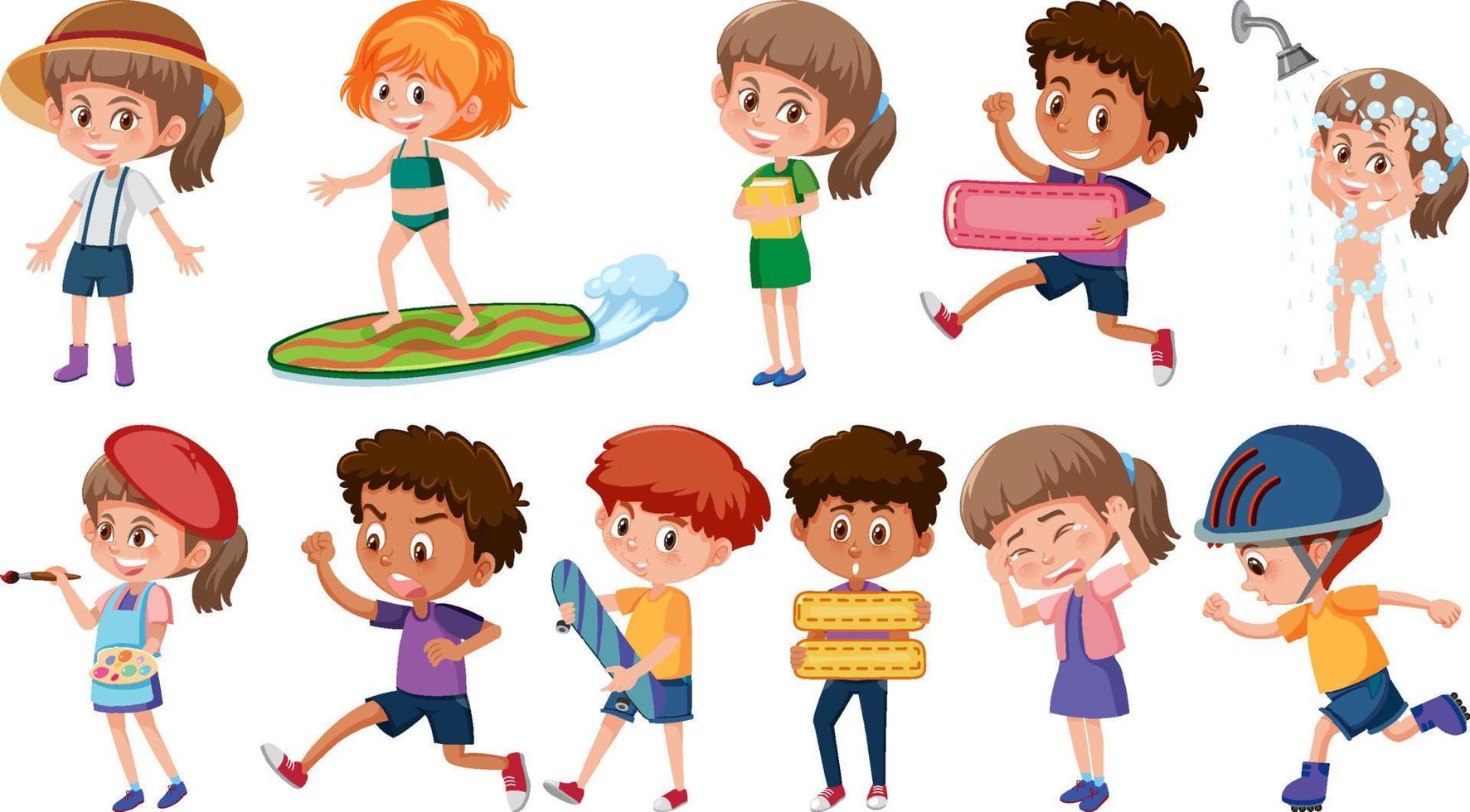 Set of children doing different activities on white background vector