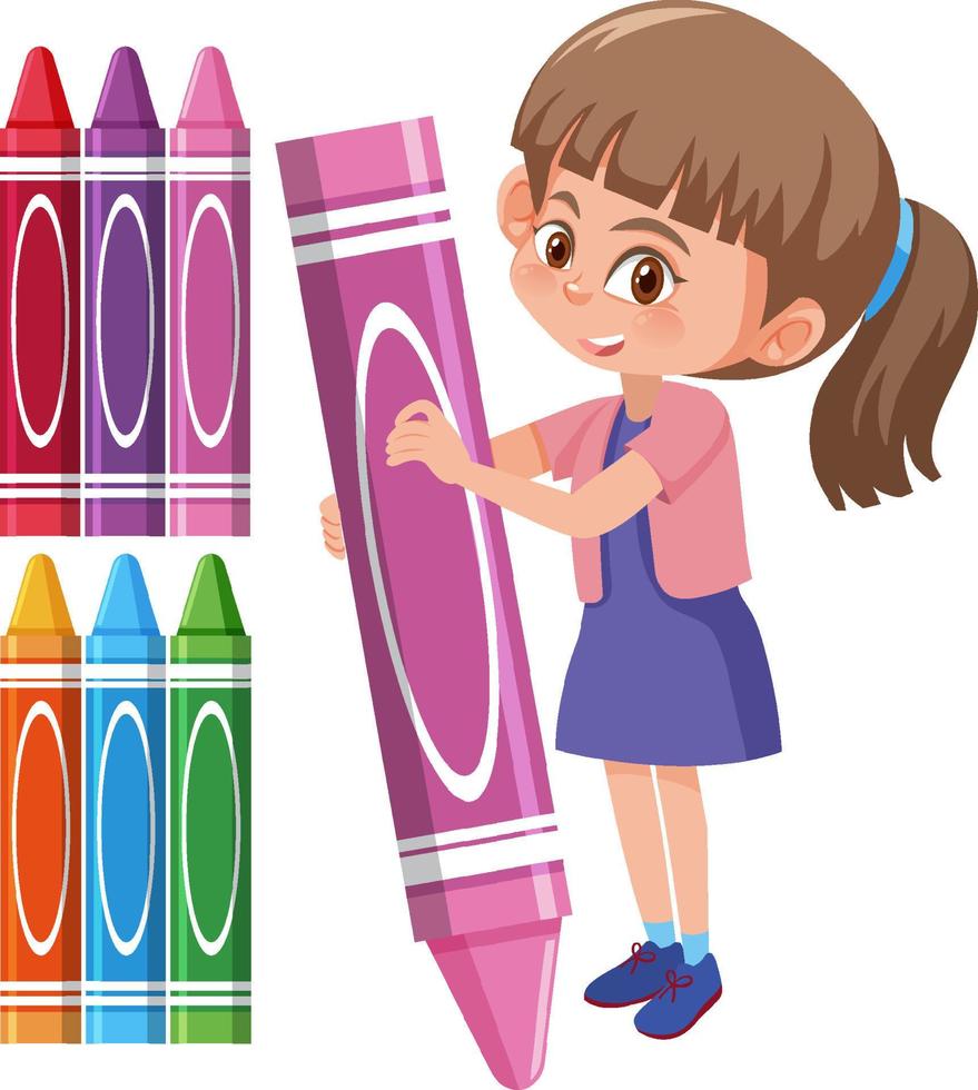 Cartoon girl holding pink crayon stick vector