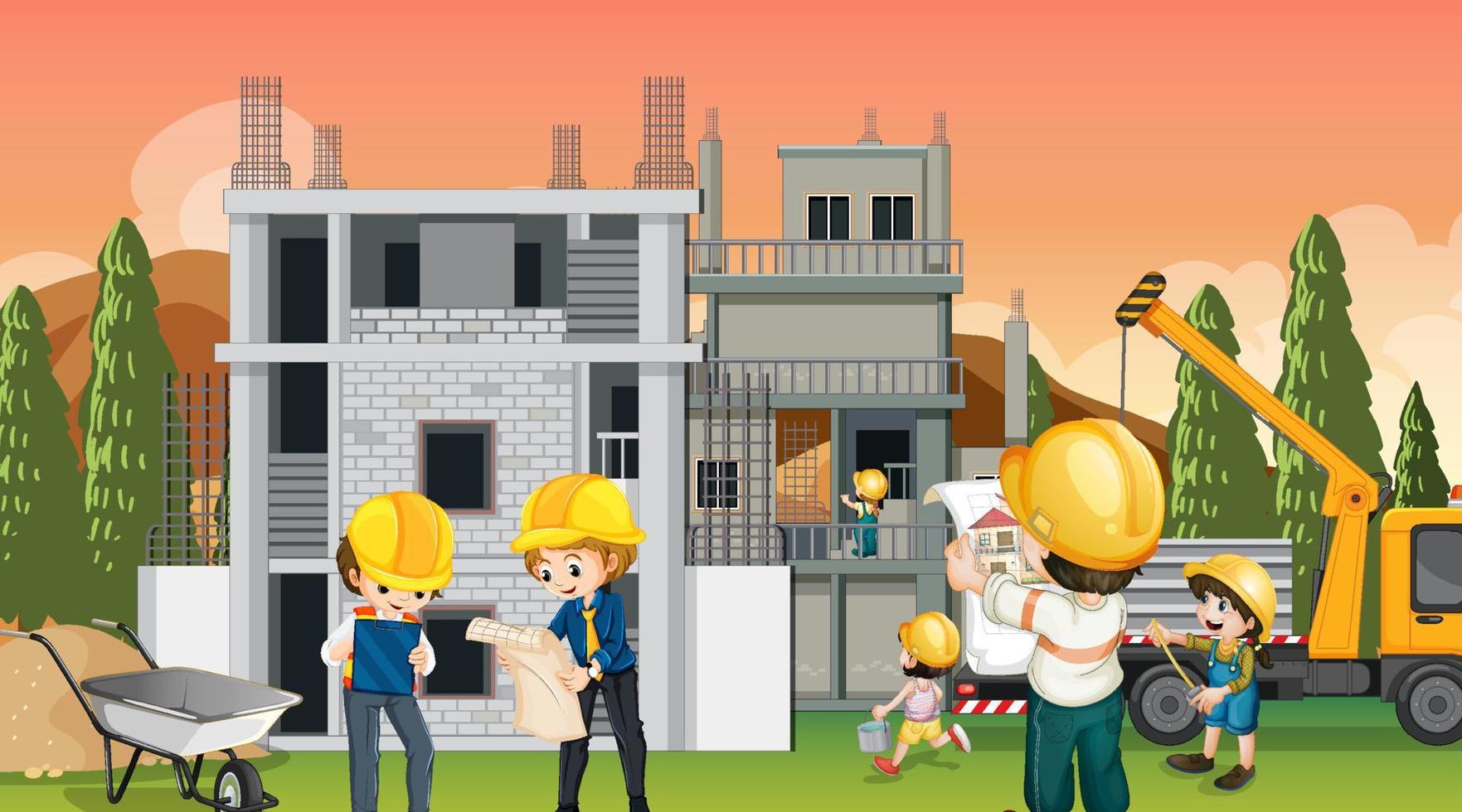 Building house construction site and workers vector