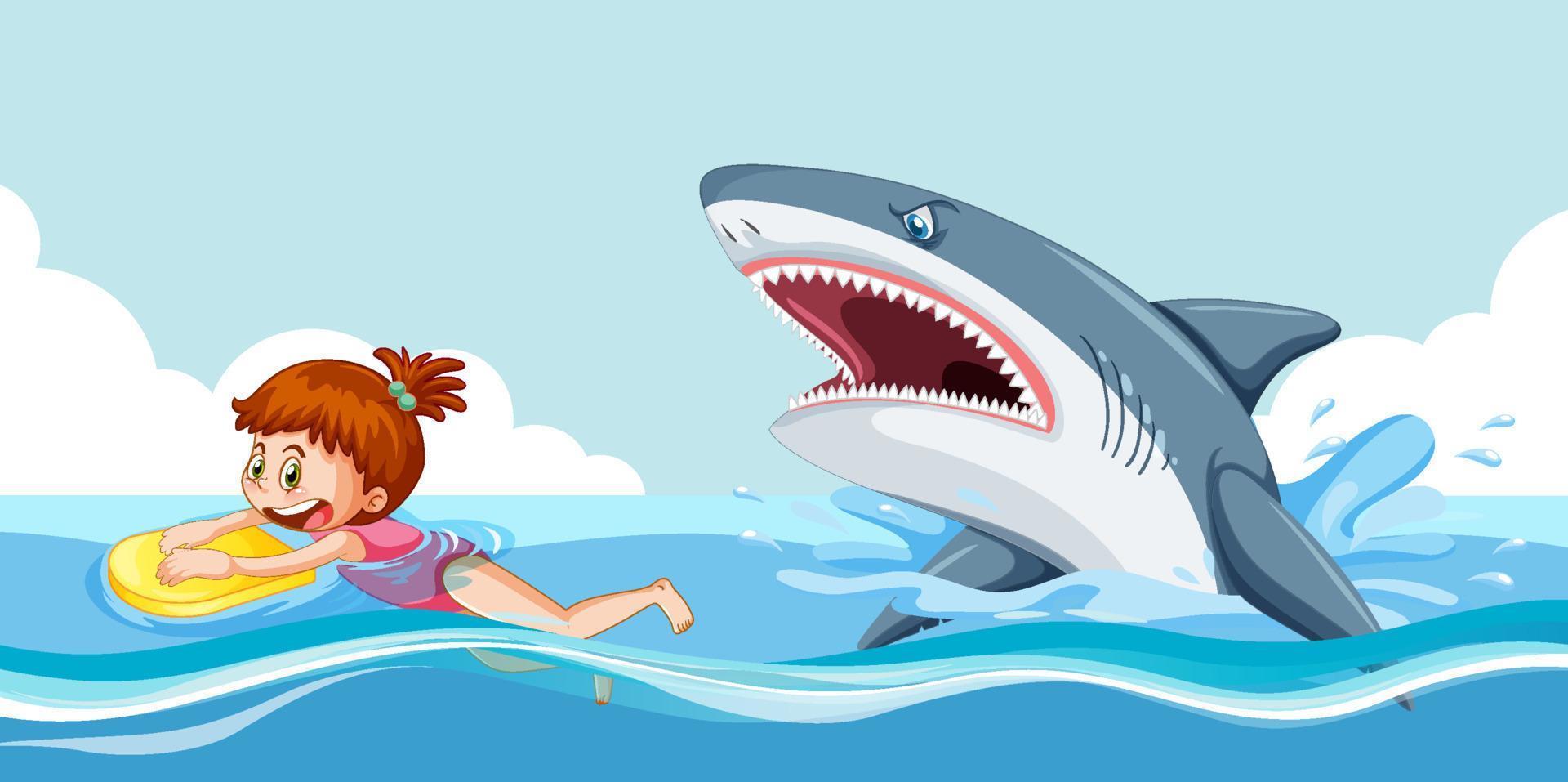una niña escapando de un tiburón agresivo vector