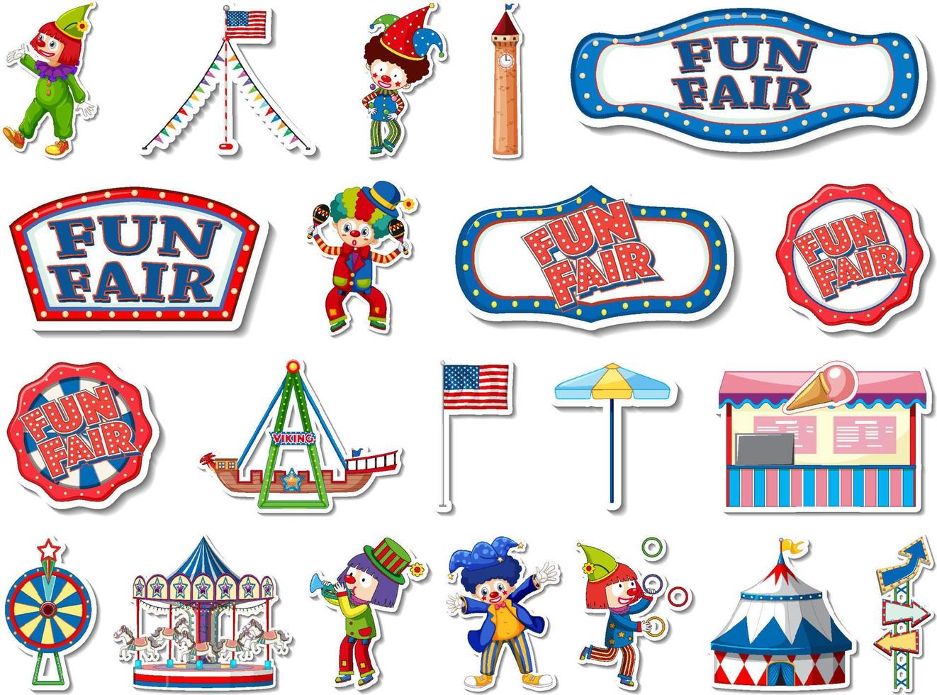 Sticker set of amusement park and fun fair objects vector