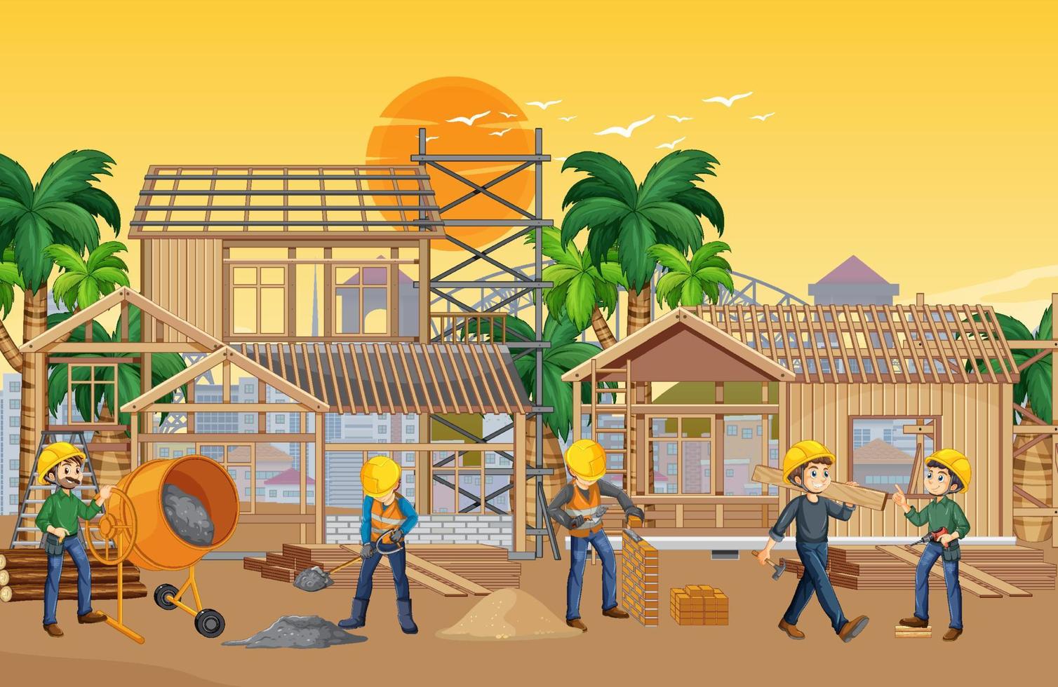 House construction site with workers vector