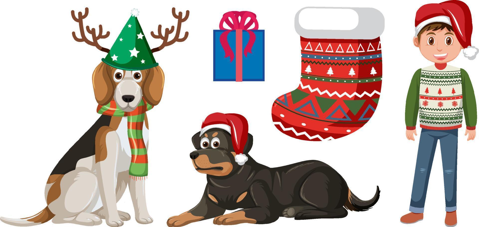 Man and pet dogs on christmas vector