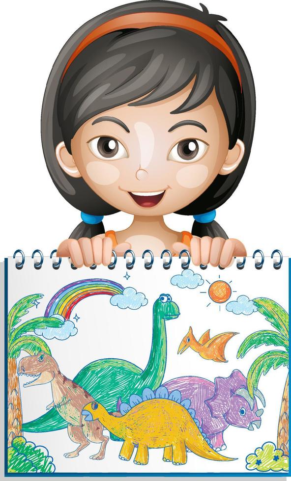 Coloured hand drawn dinosaurs on paper with a girl cartoon character vector