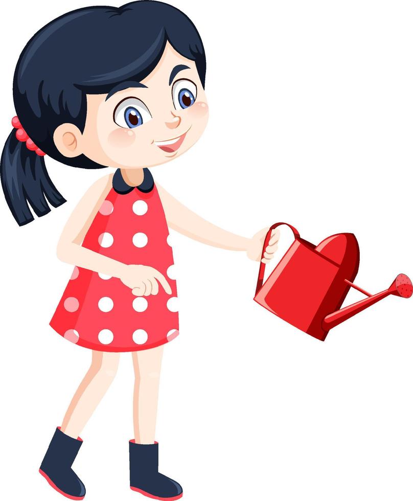 A girl in red dress holding watering pot vector