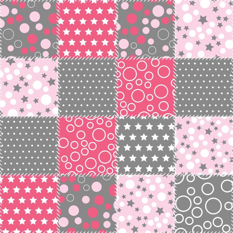 Background patchwork pattern with geometric ornaments. Quilt design from stitched squares. vector
