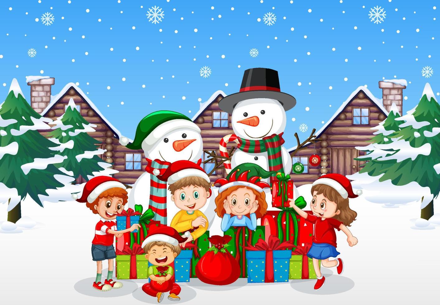 santa claus con amigos sobre fondo azul nevado vector