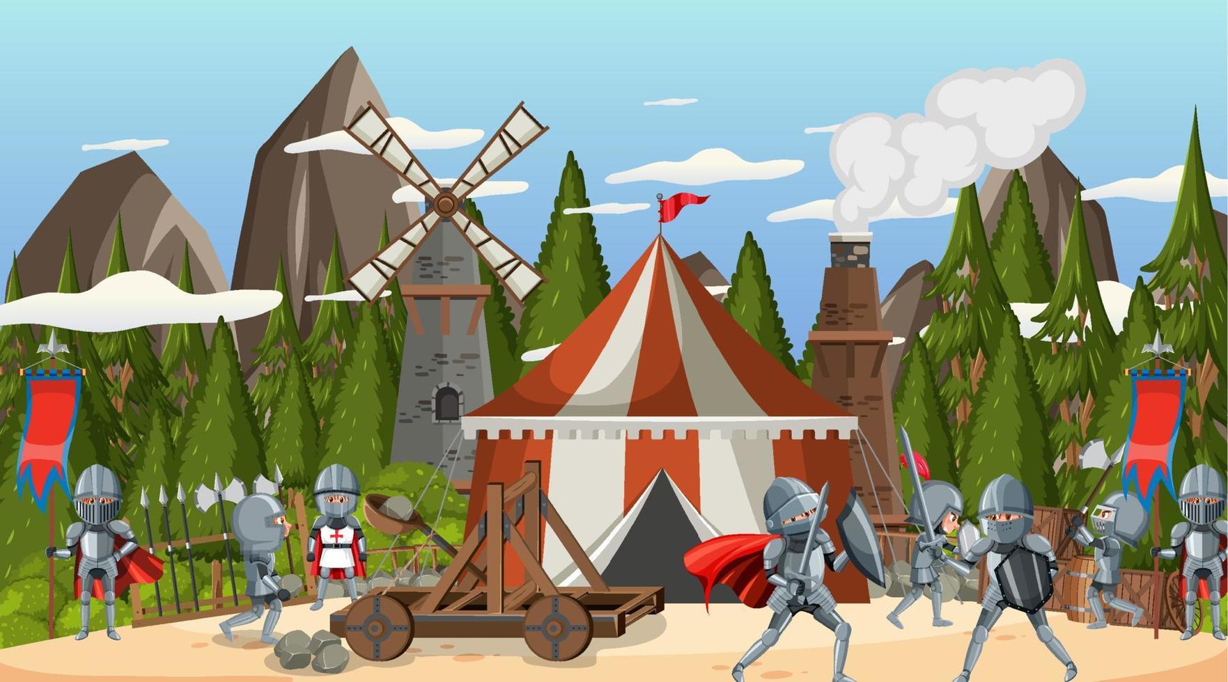 Medieval town scene with villagers vector