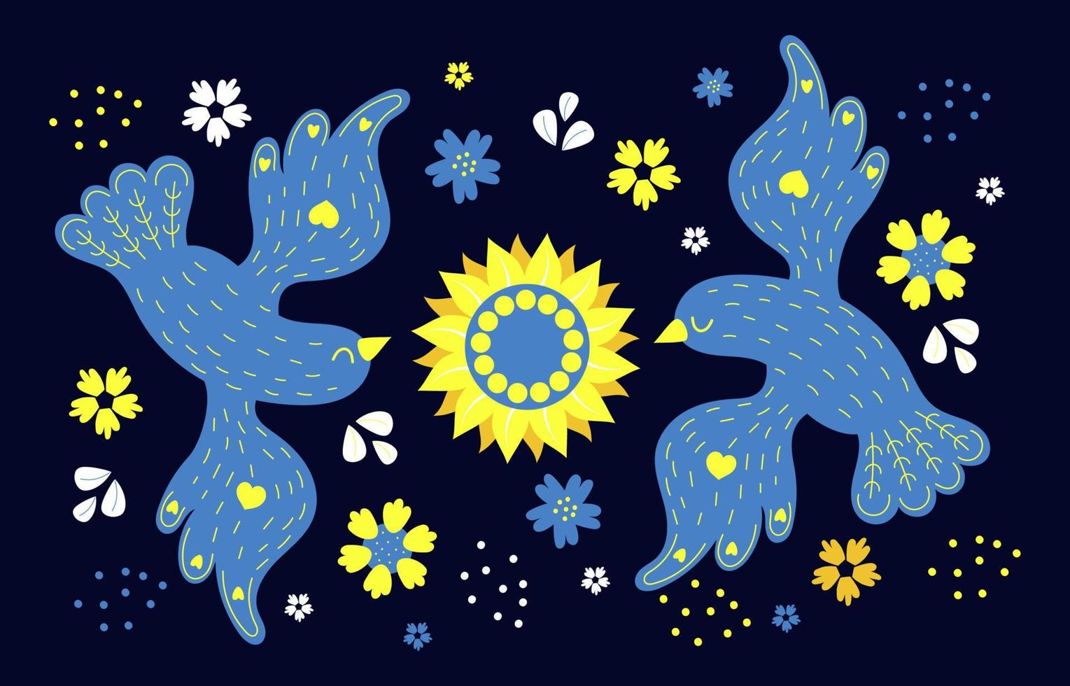 Ukrainian poster with yellow and blue birds with sunflower and flowers on dark blue background. Vector illustration. color of Ukrainian flag. Decorative card for decor, design, print