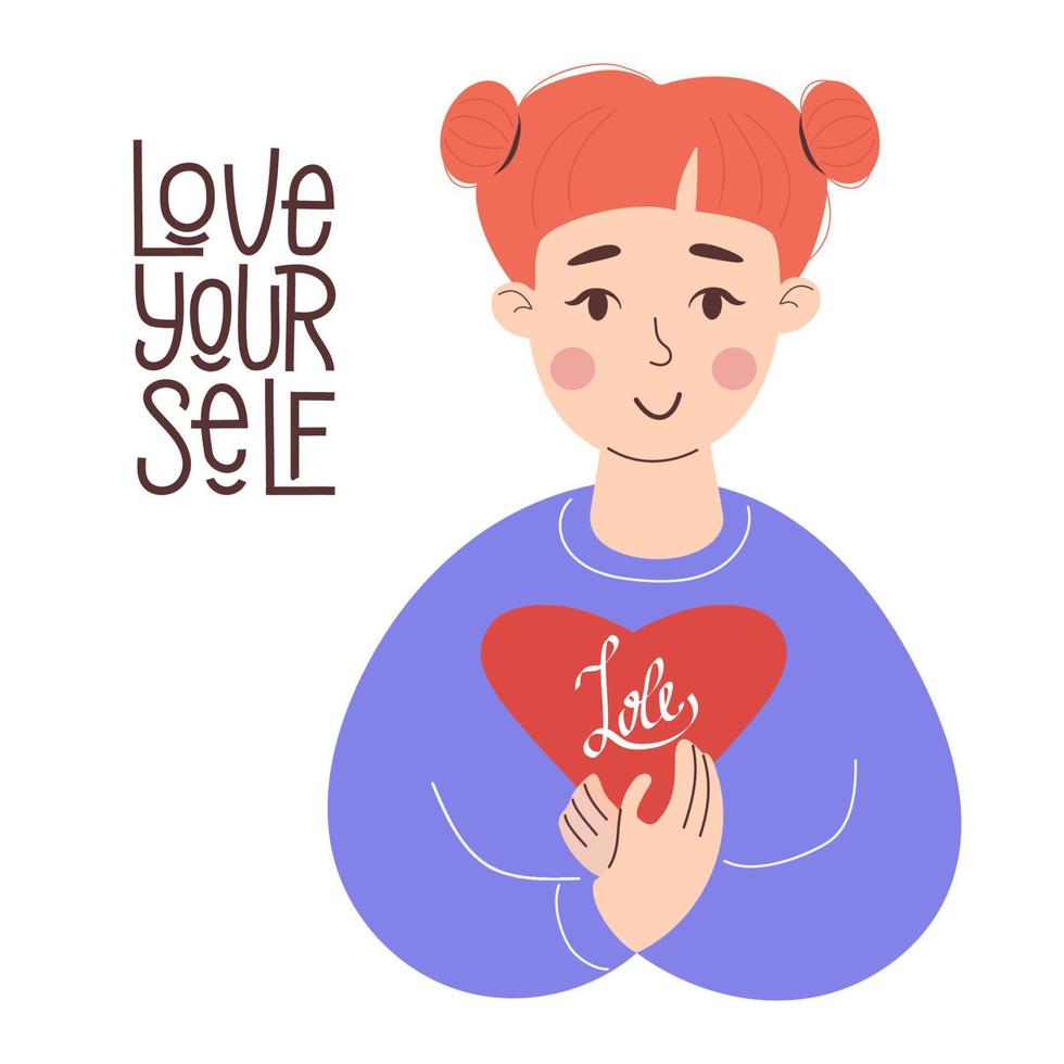 ámate a ti mismo. chica pelirroja con corazón rojo en sus manos. ilustración vectorial concepto ámate a ti mismo y haz tiempo para ti cuidándote a ti mismo. lindo personaje en estilo plano para el diseño vector