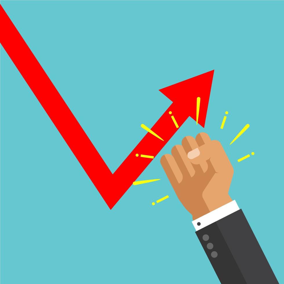 Businessman hand punch drop down graph. fight with loss. try to keep up stock rate. Profit increase. adjust uptrend graph. Bull and bear traders on stock exchange. building to success concept vector