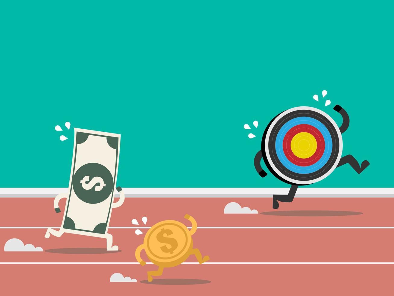 Money run against target. Goal is money. Achieve is running out. Dartboard race with cash. Strategy running away from banknote and coin. business, financial, strategy, deadline competition concept vector